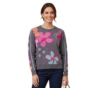 THML Floral Knit Pullover Sweater Gray Multicolor Viscose Blend Size S